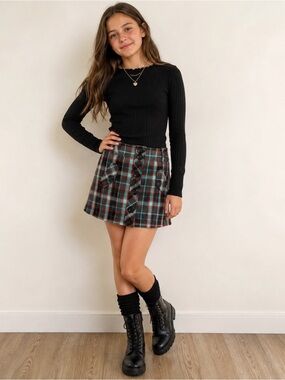 Kensie Girl Plaid Skirt Girls Size 11 Black Red Turquoise Y2K college plaid